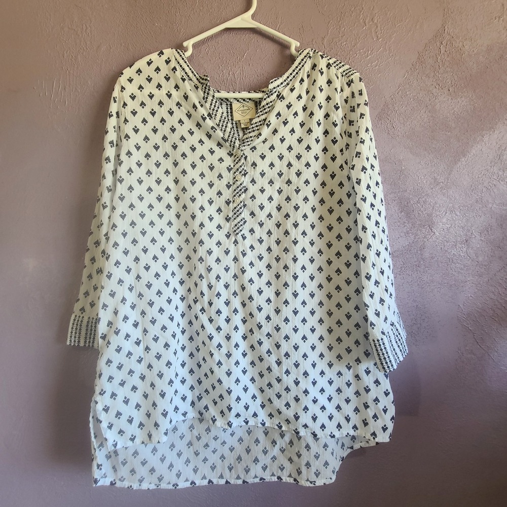 St. John's Bay Tunic Top Women L White Blue Geometric Cotton 3/4 Sleeve Henley